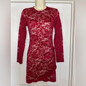 red mini lace dress, nude underlining (attached)